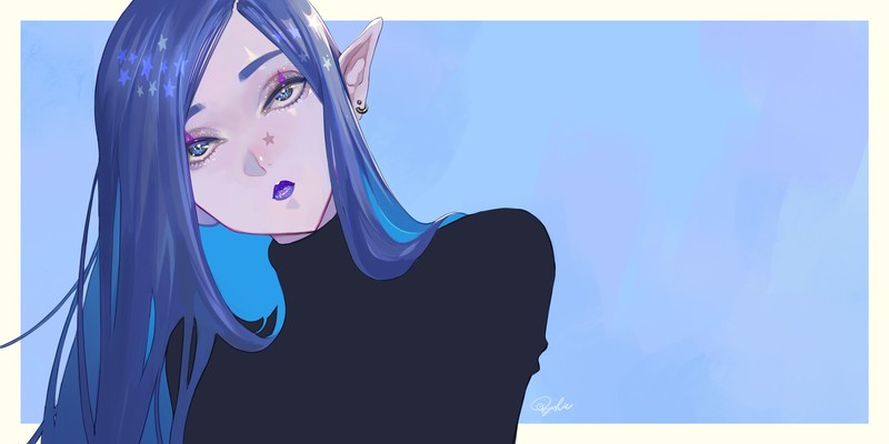 blue eyes, blue hair, long hair, pointed ears, anime girls, anime, fantasy girl, pointy ears, simple background, frontal view