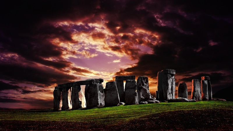 England, Stonehenge, stones, nature, grass, clouds