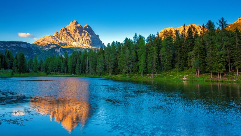 mountains, landscape, nature, lake, forest, water ripples, clouds, sky, sunlight, Dolomites (mountains), Veneto, Italy