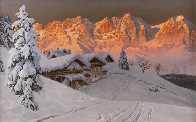 artwork, winter, snow, mountains, Alois Arnegger, painting