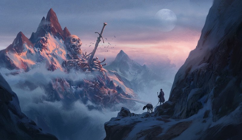 digital, fantasy art, artwork, giant, skull, sword, mountains, ArtStation, Jinho Bae, skeleton