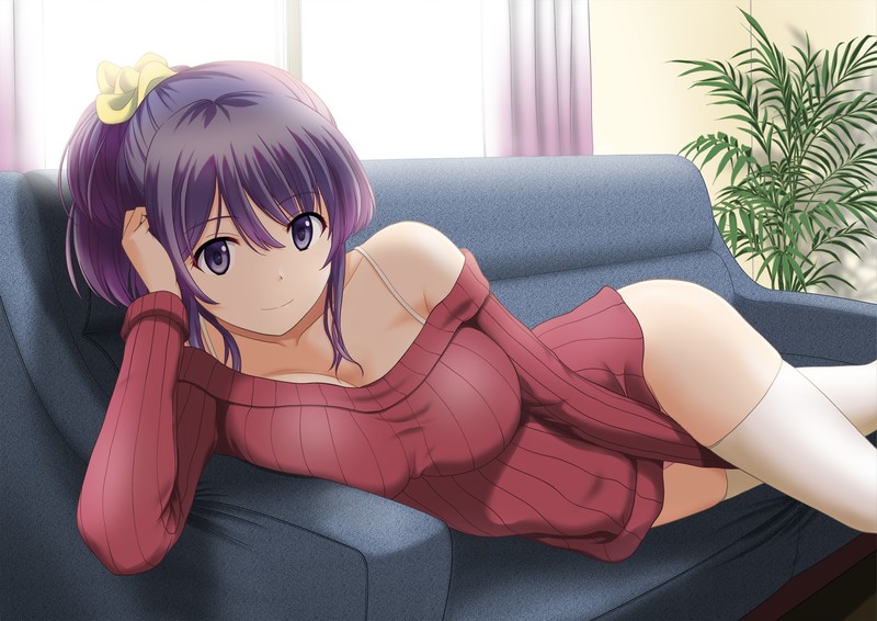 couch, purple hair, big boobs, ponytail, purple eyes, thigh-highs