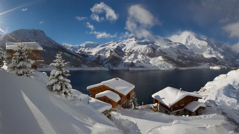 snow, snowy mountain, clouds, trees, house, lake, village, sunlight, spruce, winter, Lac du Chevril, France