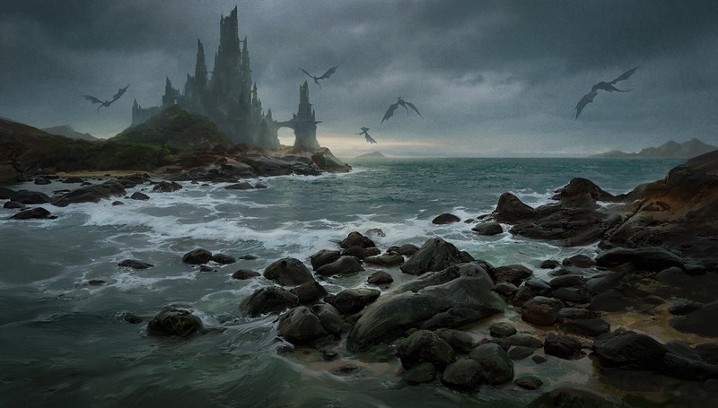 ancient, digital, castle, dragon, sea, fantasy art, artwork