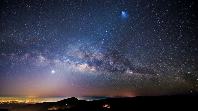 stars, mountains, night, city, shooting stars, meteors, Milky Way, Thailand