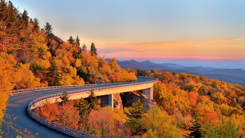 trees, fall, forest, road, bridge, rocks, mountains, clouds, sky, hairpin turns