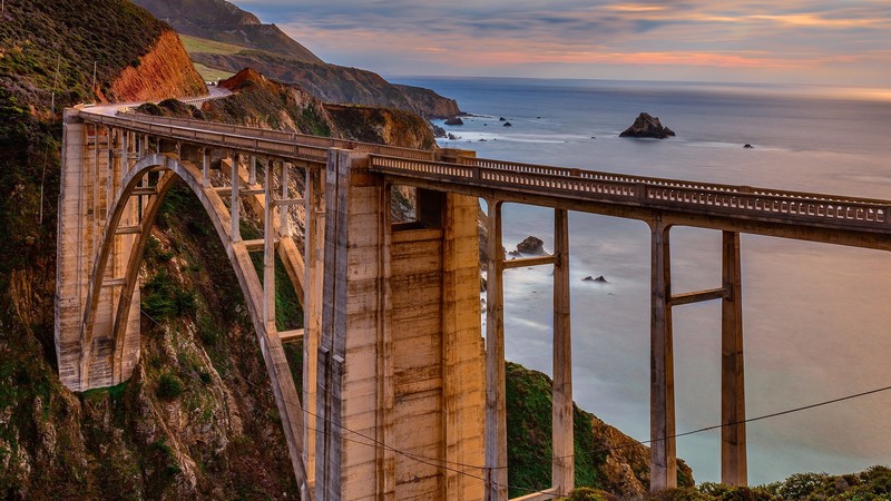 nature, landscape, sky, clouds, mountains, bridge, plants, sea, horizon, California, USA, Bixby Creek Bridge