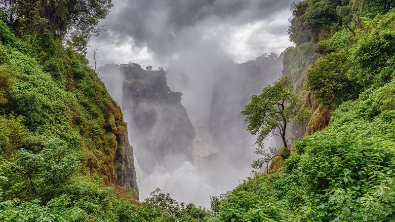 trees, forest, mountains, valley, clouds, Victoria Falls, Zambia