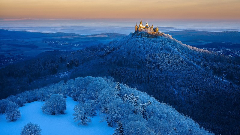 nature, landscape, snow, forest, trees, clouds, village, horizon, sky, mountains, Stuttgart, Germany, Burg Hohenzollern, sunlight