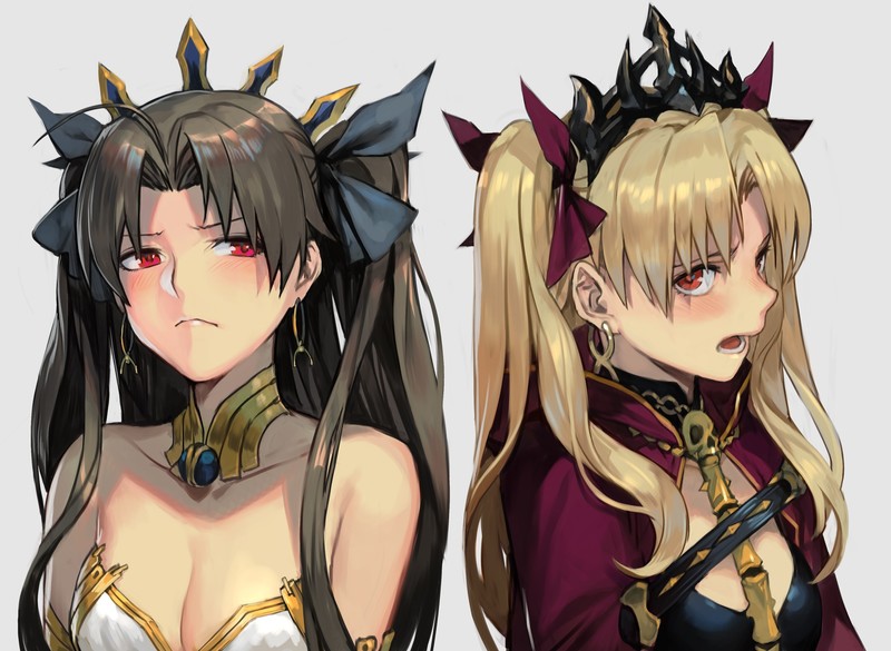 Fate Series, FGO, Fate/Grand Order, anime girls, long hair, blond hair, small boobs, 2D, open mouth, twintails, blushing, black hair, cleavage, Ishtar (Fate Grand Order), Ereshkigal (Fate/Grand Order), red eyes, simple background, fan art