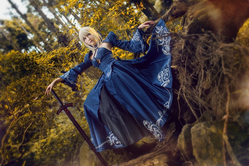 fantasy girl, cosplay, nature, women, model, blue dress, Saber Alter, Fate Series