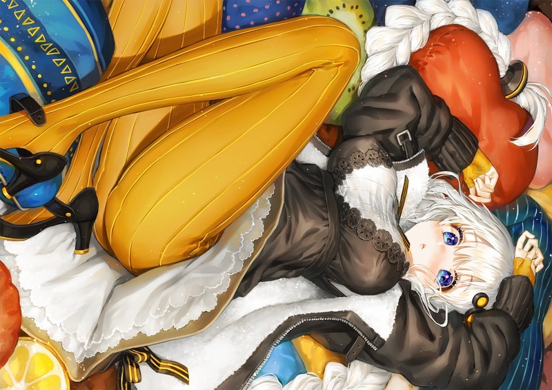 Kizuna Akari, ass, bed, blue eyes, twintails, braids, dress, pantyhose, long hair, white hair, anime