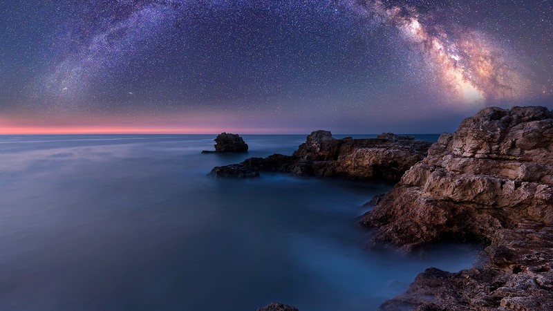horizon, rocks, water, sea, stars, night, long exposure, Milky Way, nature, Black Sea, Bulgaria, galaxy