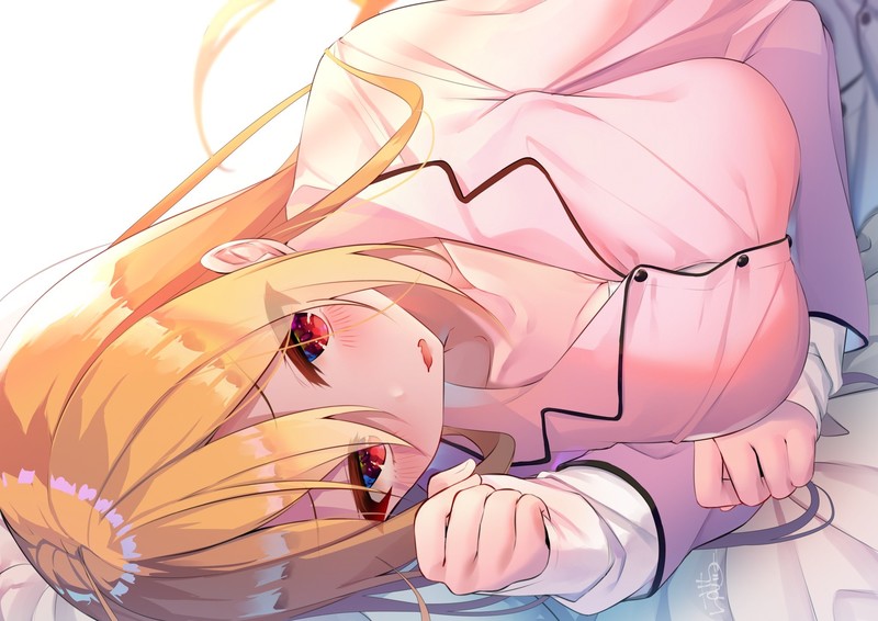 red eyes, blonde, blush, big boobs, long hair, in bed, anime