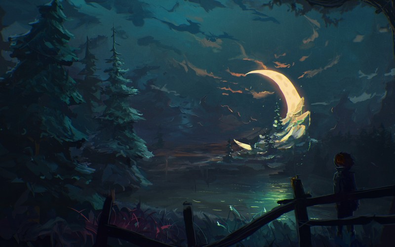 Moon, nature, trees, forest, water, spruce, Sylar