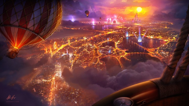 city, night, hot air balloons, fire, clouds, flying, fireworks, city lights, storm, cityscape, Disneyland