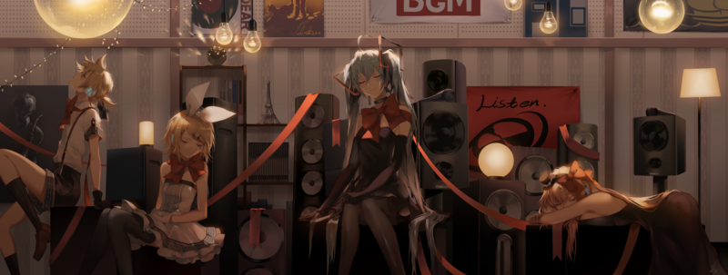 Hatsune Miku, Kagamine Rin, Kagamine Len, Megurine Luka, Vocaloid, anime, anime girls, closed eyes, twintails, long hair, dress, ribbon, sitting, speakers, light bulb, ultrawide, ultra-wide, fantasy girl, 2D, artwork, drawing, digital art, illustration, fan art, Pixiv