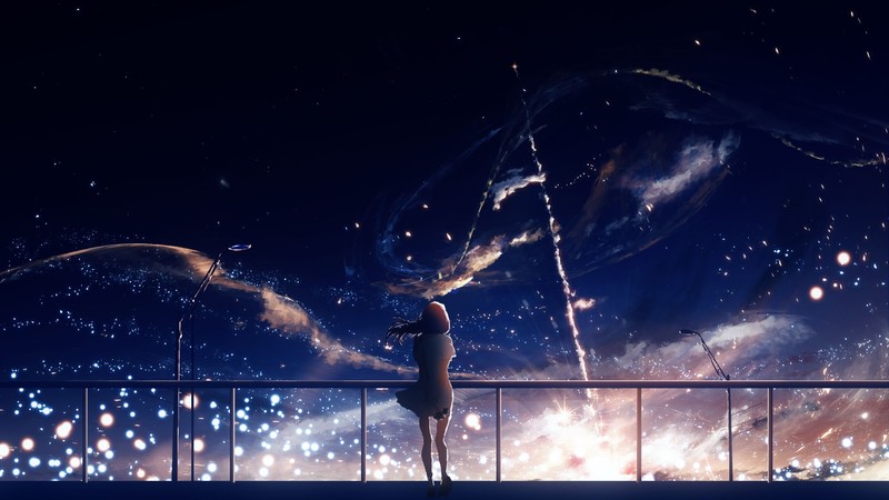 anime, anime girls, stars, night, night sky