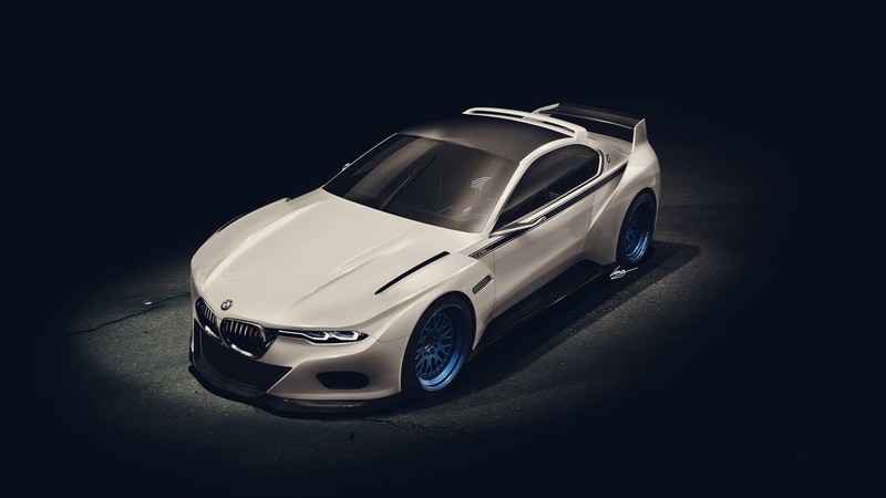 BMW, car, vehicle, dark, white cars, BMW 3.0 CSL HOMMAGE, modified, photo manipulation, colored wheels, high angle, simple background, black background