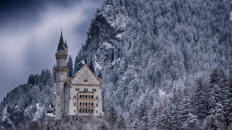 Germany, castle, forest, winter, clouds, nature, trees, landscape
