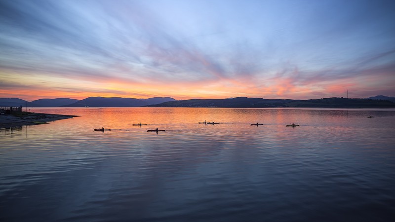 nature, landscape, boat, mountains, clouds, sky, water ripples, coast, sunset, Scotland, UK