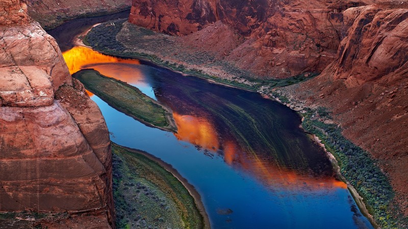nature, landscape, canyon, river, water, rocks, reflection, plants, Colorado River, sunrise, Horseshoe Bend, Arizona, USA