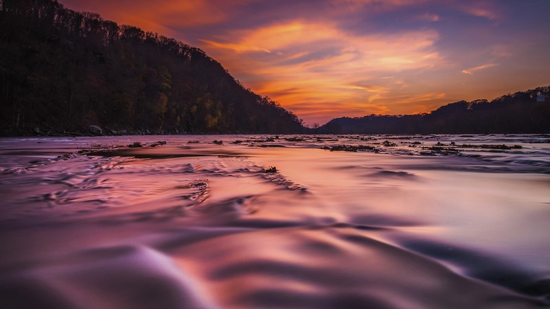 nature, landscape, trees, forest, river, long exposure, clouds, sky, rocks, Virginia, USA, Shenandoah River