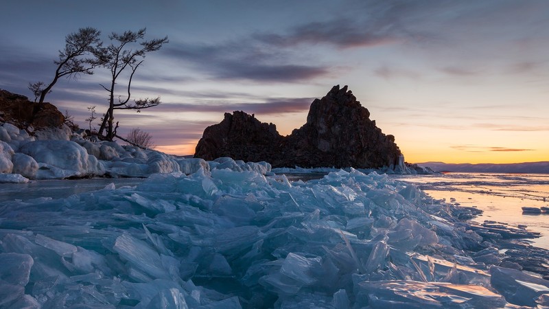 nature, landscape, ice, trees, mountains, sky, rocks, Russia, Lake Baikal, frozen lake