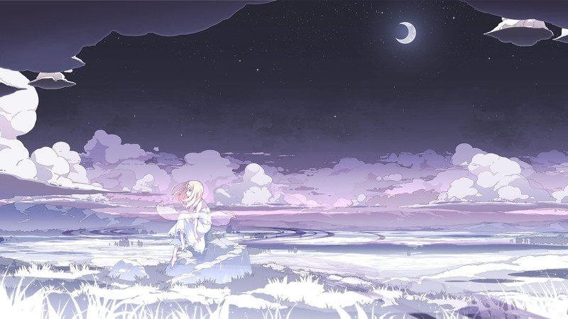 anime, anime girls, Moon, clouds, sky, outdoors, landscape