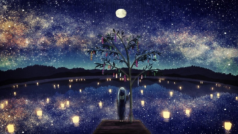 anime, Hatsune Miku, night sky, trees, water, anime girls, night
