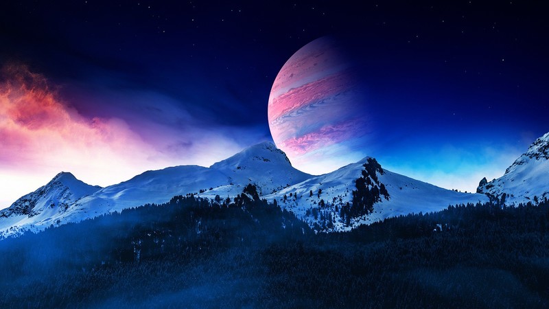 landscape, mountains, snowy peak, aurorae, forest, nature, planet, night, stars, sky, mist, digital art