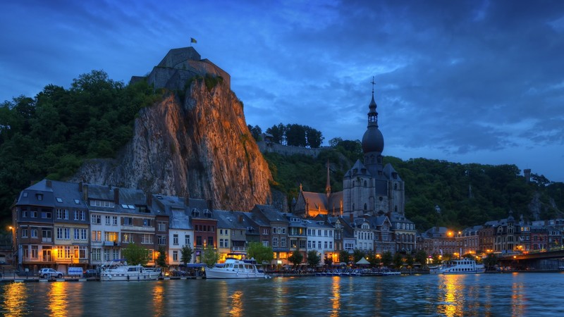 Belgium, Wallonia, evening, city, rocks, trees, nature, water, building, house, clouds, sky, landscape, boat