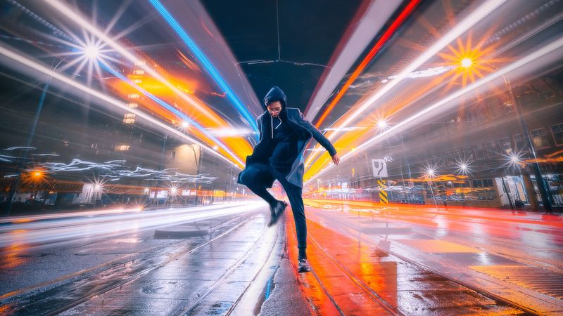 man, jump, night city, long exposure, 4k