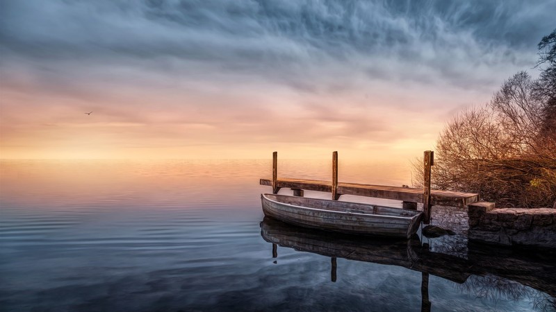 pier, lake, boat, landscape, plants, water, clouds, nature