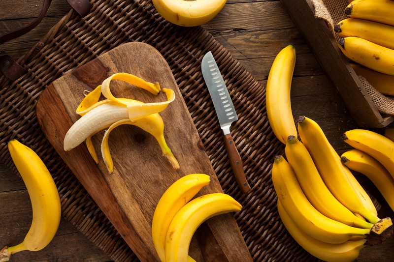 food, fruit, bananas, cutting board
