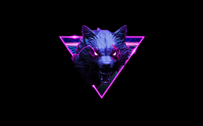 wolf, neon, creature, simple background, triangle, glowing eyes, digital art