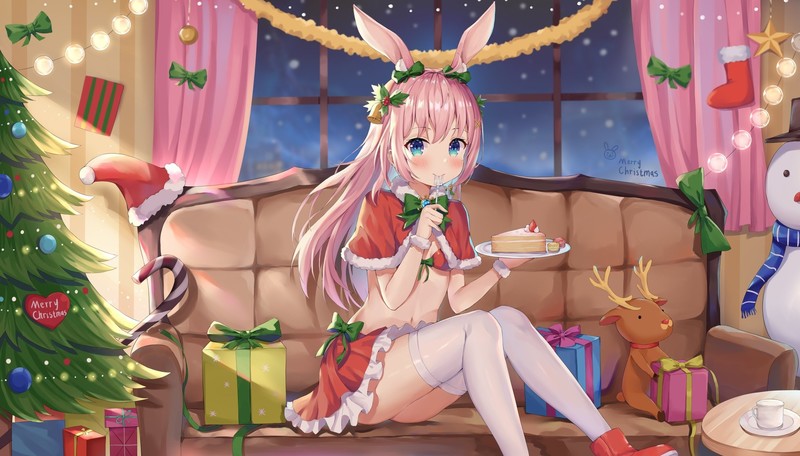 anime, anime girls, digital art, artwork, 2D, portrait, Christmas, anime girls eating, blue eyes, animal ears