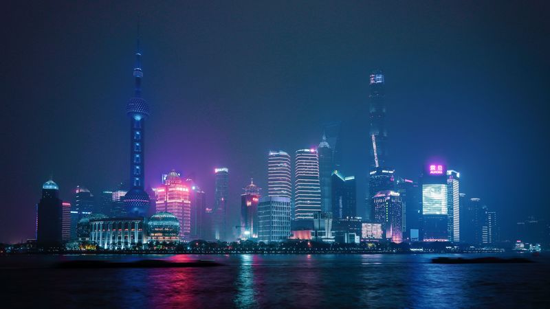 night city, city lights, panorama, coast, skyscrapers, architecture, 4k