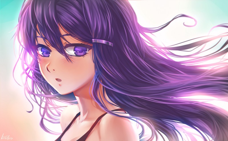 Yuri (Doki Doki Literature Club), Doki Doki Literature Club, video games, video game art, video game characters, video game girls, Video Game Horror, visual novel, fan art, digital art, purple hair, purple eyes, anime girls, anime, face, looking at viewer