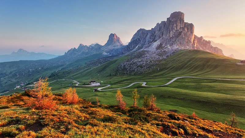 nature, landscape, hairpin turns, trees, house, road, grass, field, sky, clouds, mountains, dolomite alps, Dolomites (mountains), Italy, Alps