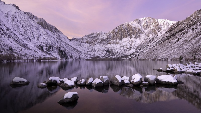 mountains, trees, spruce, rocks, lake, snow, snowy mountain, clouds, sky, sunrise, California, USA