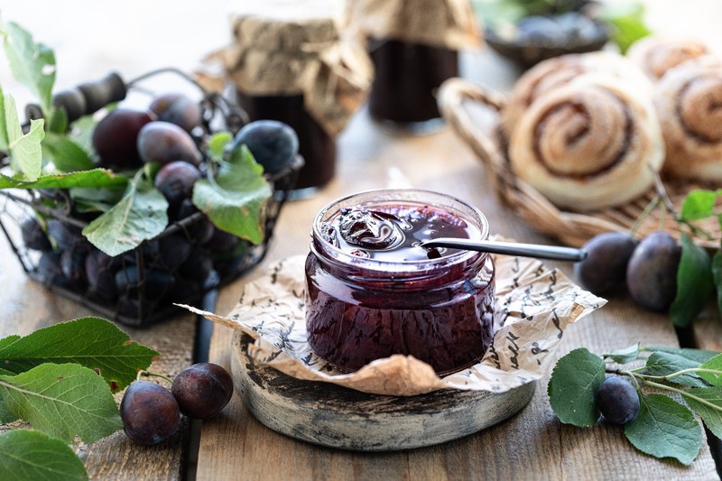 sweets, fruit, food, Jam, spoon, leaves, jar, wooden surface
