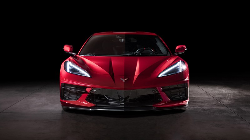 Chevrolet Corvette Stingray, car, vehicle, spotlights, frontal view, red cars, Chevrolet Corvette, Corvette, Chevrolet Corvette C8