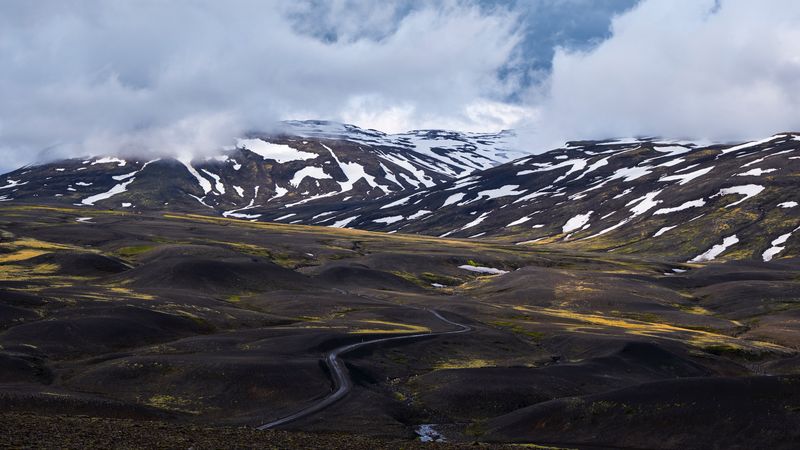mountains, clouds, fog, snow, road, iceland, 4k