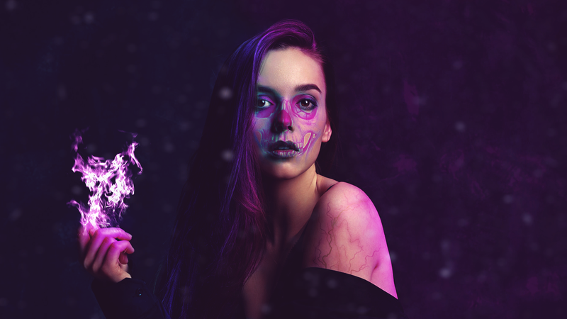 women, fire, landscape, photography, purple background, Thundebolt, artwork, face paint, dyed hair