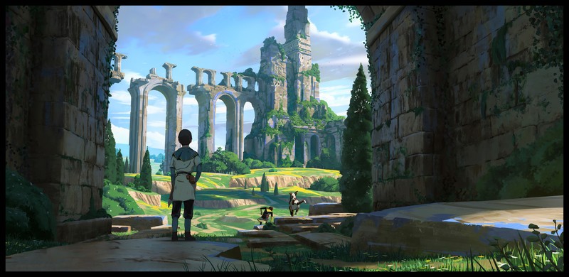 Florent Lebrun, trees, ruins, adventurers, dog