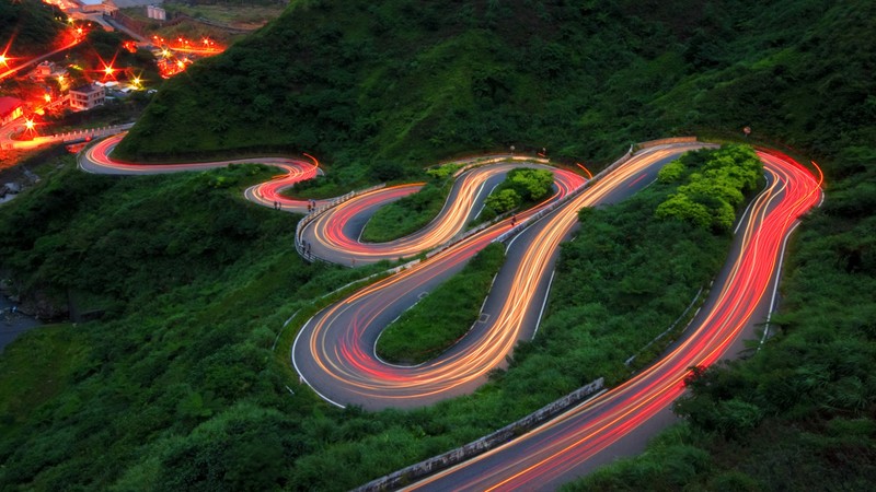 nature, landscape, road, house, lights, long exposure, trees, forest, plants, Taipei, Taiwan, hairpin turns