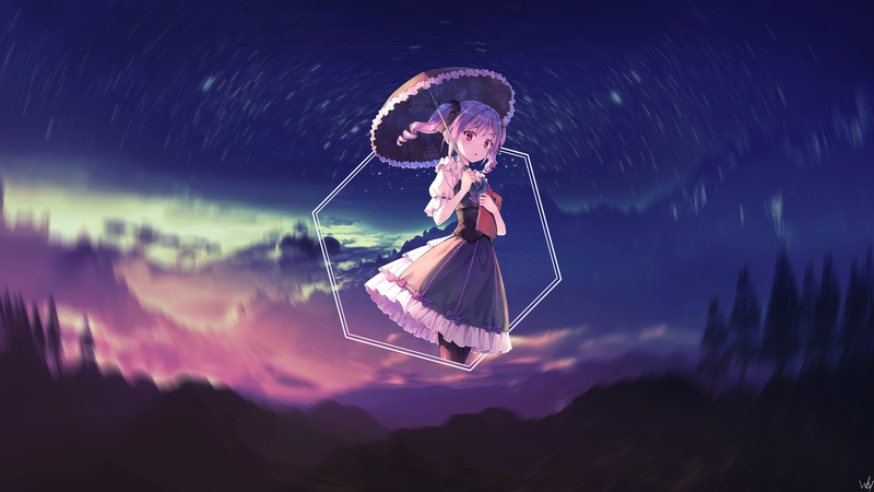 anime, anime girls, umbrella, picture-in-picture, stars, books