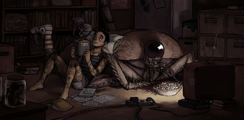 Dorohedoro, anime boys, 2D, short hair, insect, Jonson (Dorohedoro), Kasukabe (Dorohedoro), tattoo, fan art, TV