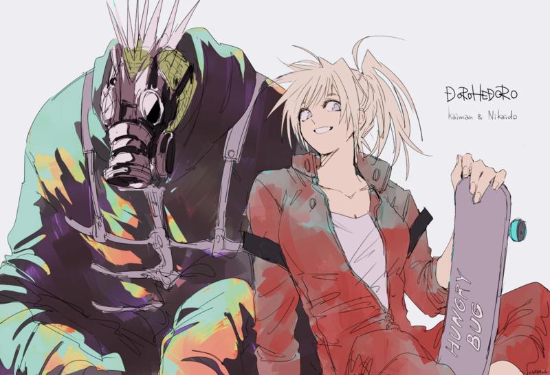 Dorohedoro, anime girls, anime boys, 2D, big boobs, manga sketch, long hair, blond hair, mask, cleavage, smiling, Nikaido (Dorohedoro), Kaiman (Dorohedoro), looking at viewer, skate, simple background, fan art, ponytail